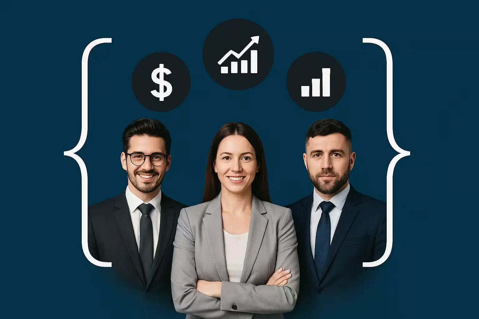 Three finance professionals in formal attire, standing confidently with financial icons above them—representing the talent pool connected by an accounting recruitment agency.