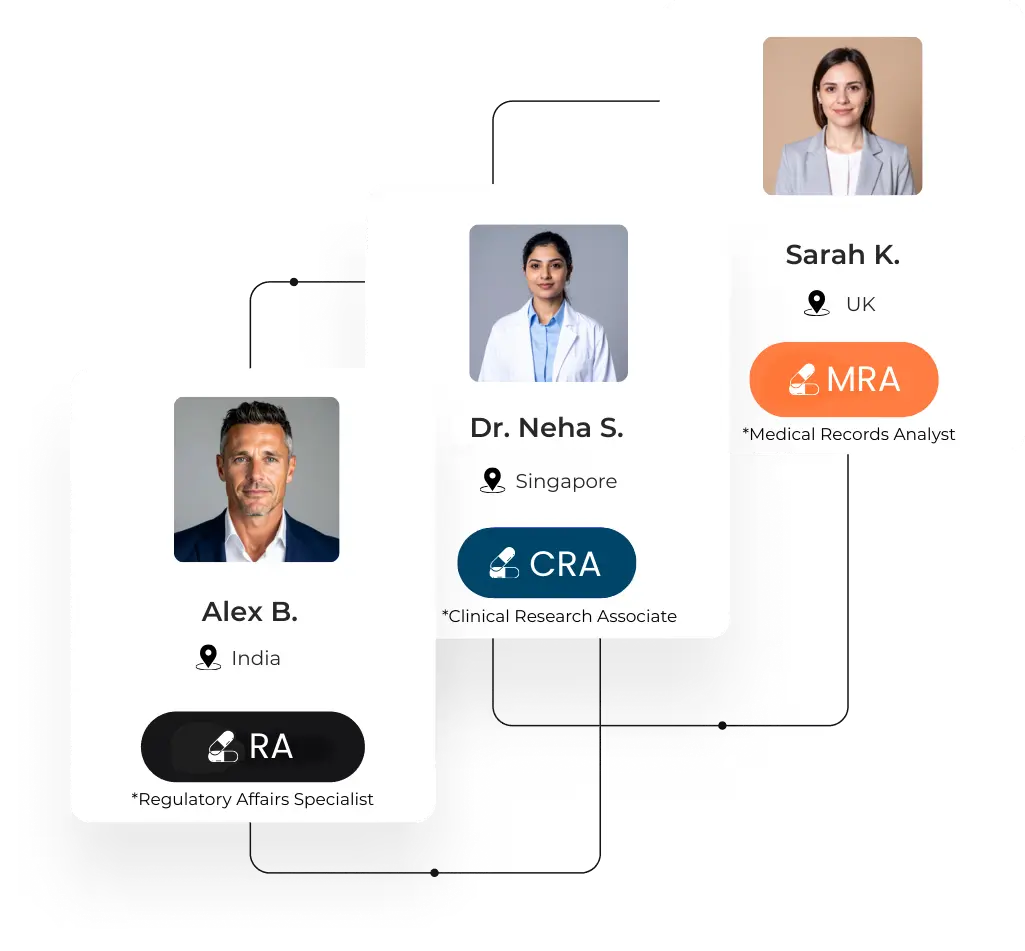 Profiles of international professionals including a Clinical Research Associate and Regulatory Affairs Specialist, featured by a healthcare recruitment agency.