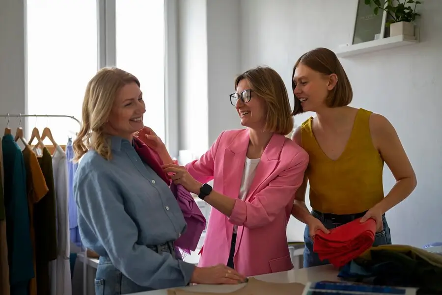 New stylist hired by luxury retail recruitment agency helps choose outfits with team.