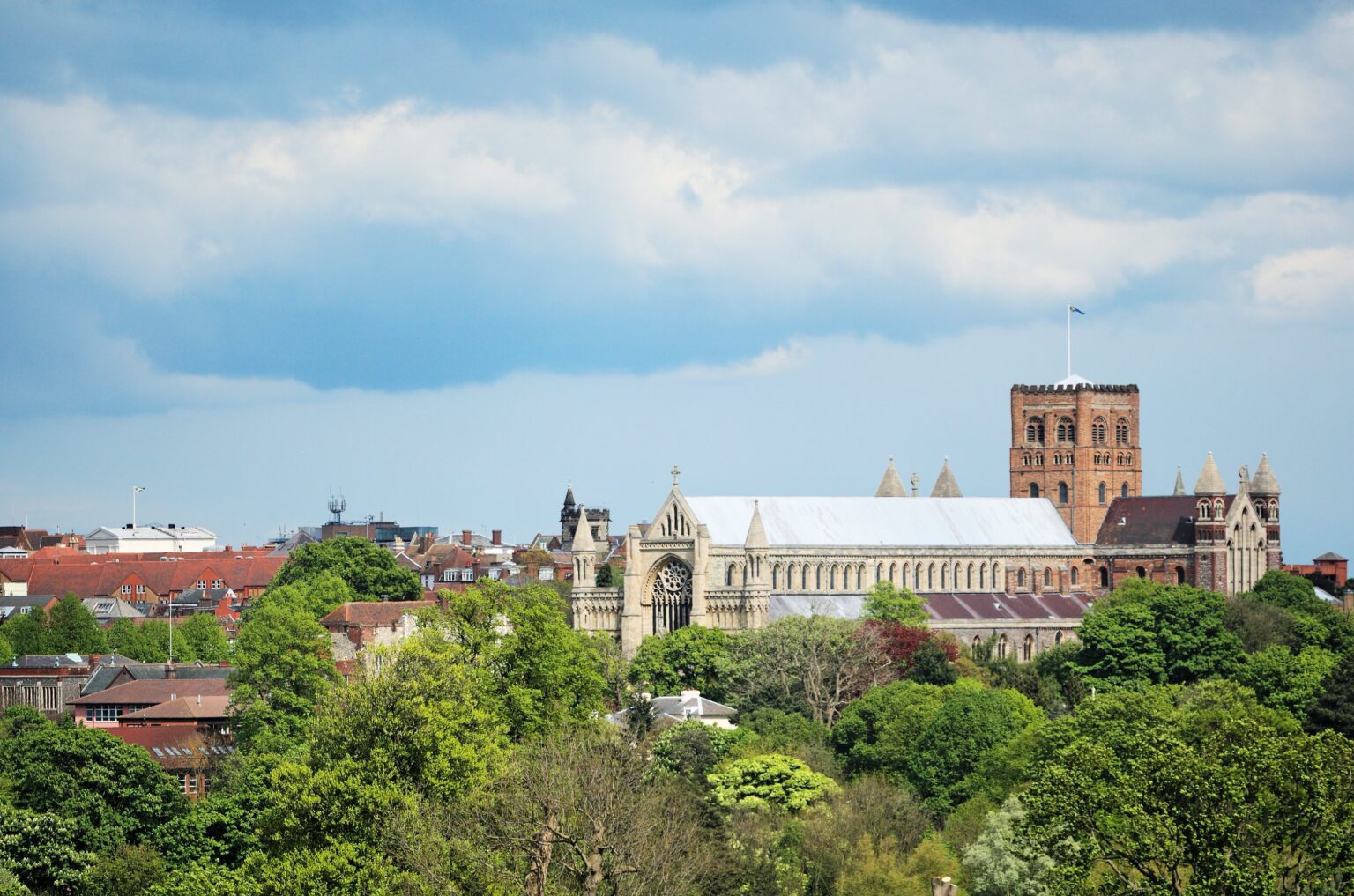 St Albans Cathedral seen from Verulamium Park, St Albans, Hertfordshire
