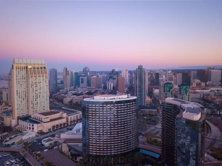 Aerial view of high-rise commercial office buildings in downtown San Diego, California